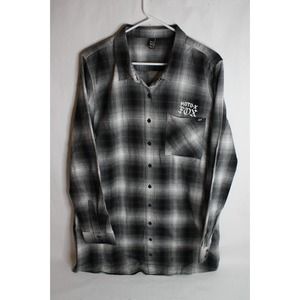 Fox Moto X Button Up Flannel Shirt Black White Gray Plaid Long Tunic Sz XL